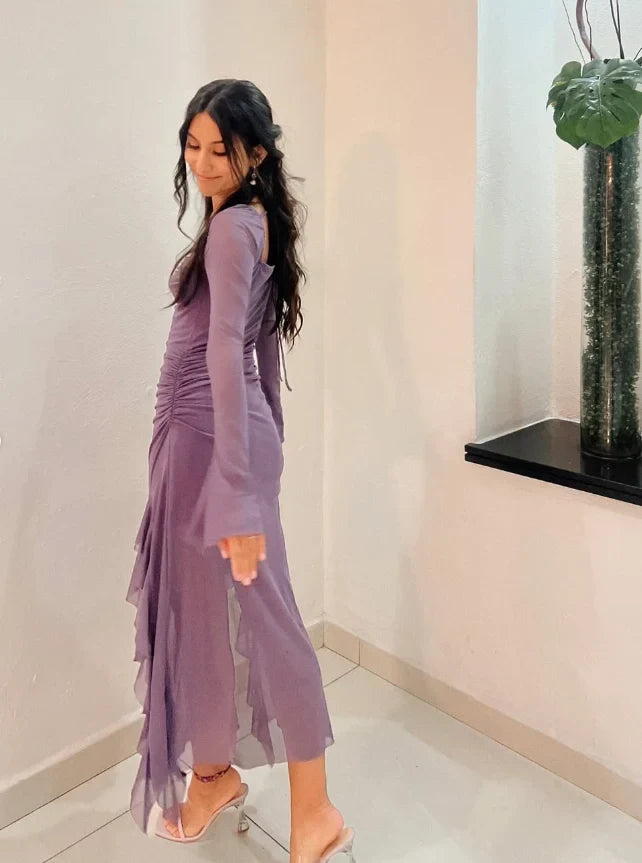 Elegant A-Line Sweetheart Long Sleeve Ruched Ruffled Purple Midi Homecoming Dress