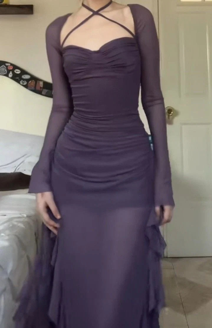 Elegant A-Line Sweetheart Long Sleeve Ruched Ruffled Purple Midi Homecoming Dress