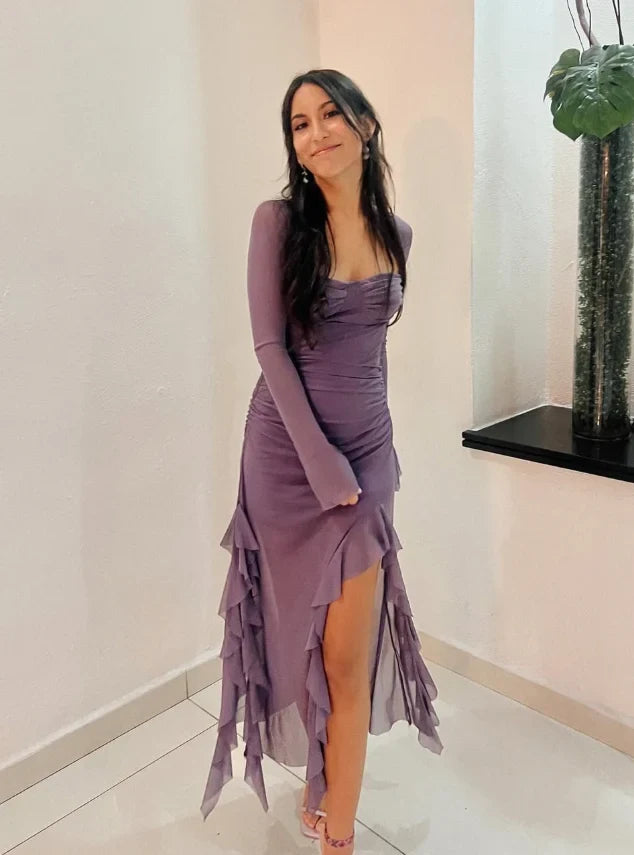 Elegant A-Line Sweetheart Long Sleeve Ruched Ruffled Purple Midi Homecoming Dress
