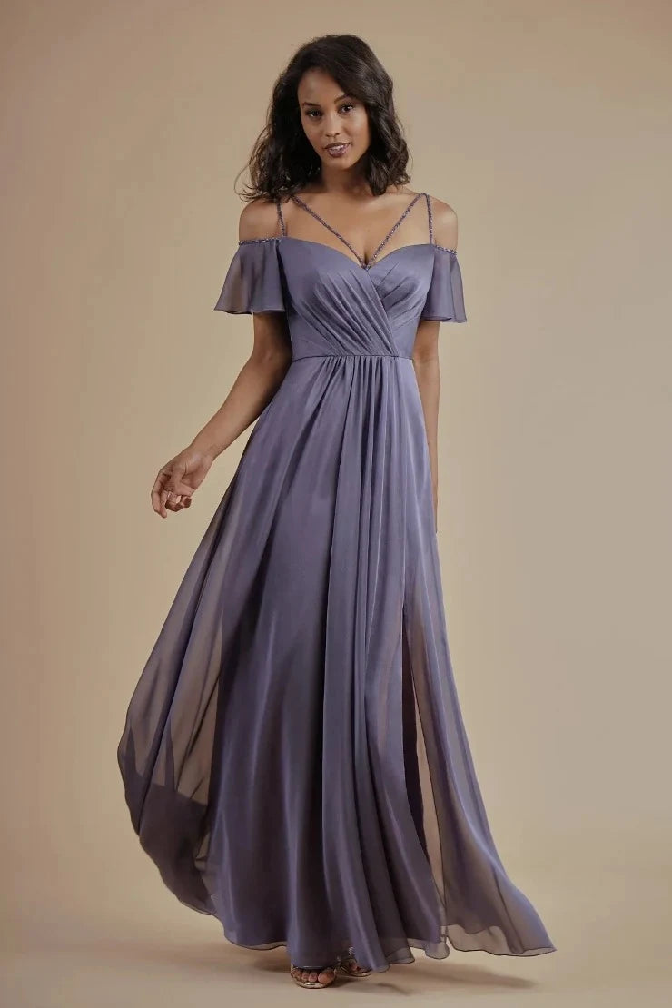 Elegant A-Line Sweetheart Off-Shoulder Beaded Slit Dusty Lavender Long Prom Dress