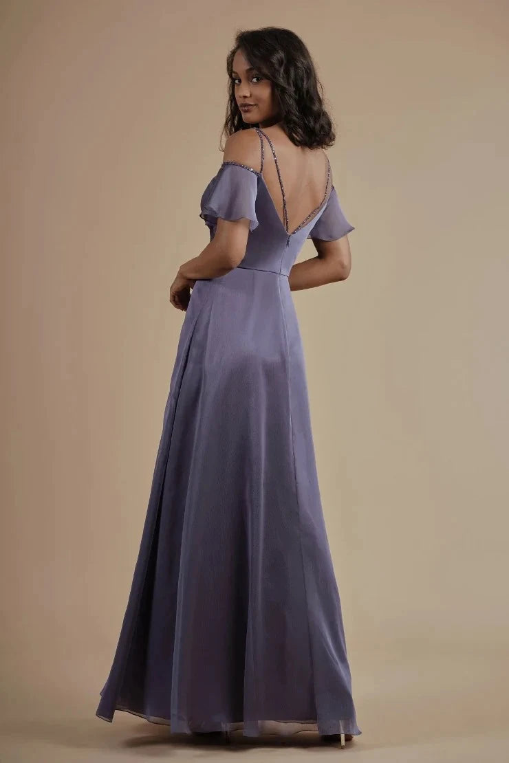 Elegant A-Line Sweetheart Off-Shoulder Beaded Slit Dusty Lavender Long Prom Dress