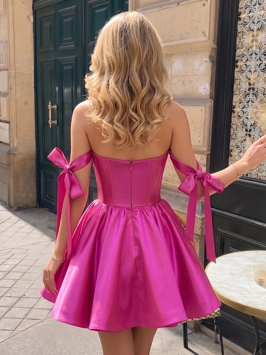 Elegant A-Line Sweetheart Off-Shoulder Bow Mini Fuchsia Homecoming Dress for Women