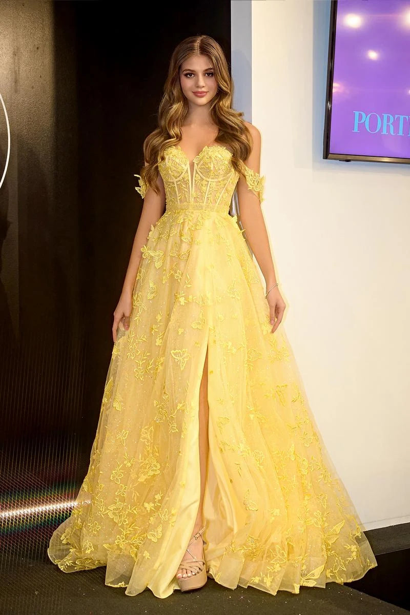 Elegant A-Line Sweetheart Off-Shoulder Butterfly Yellow Floor-Length Prom Dress for Women