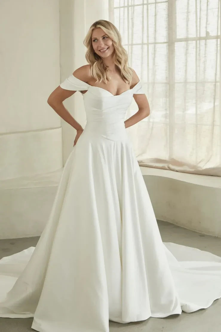 Elegant A-Line Sweetheart Off-Shoulder Draped Ivory Floor-Length Wedding Dresses