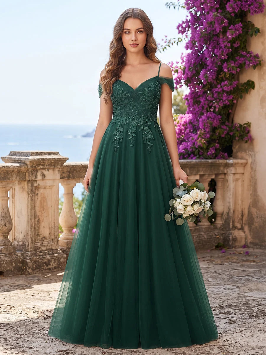 Elegant A-Line Sweetheart Off-Shoulder Floral Applique Emerald Green Floor-Length Prom Dress For Women