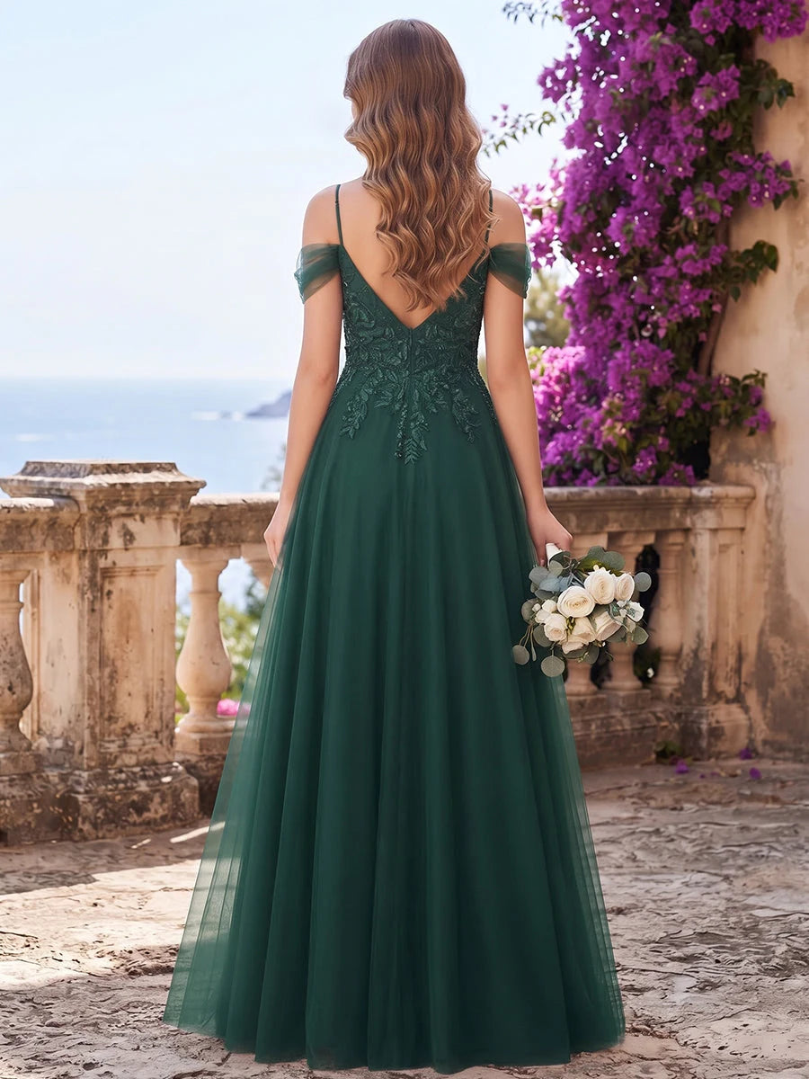Elegant A-Line Sweetheart Off-Shoulder Floral Applique Emerald Green Floor-Length Prom Dress For Women