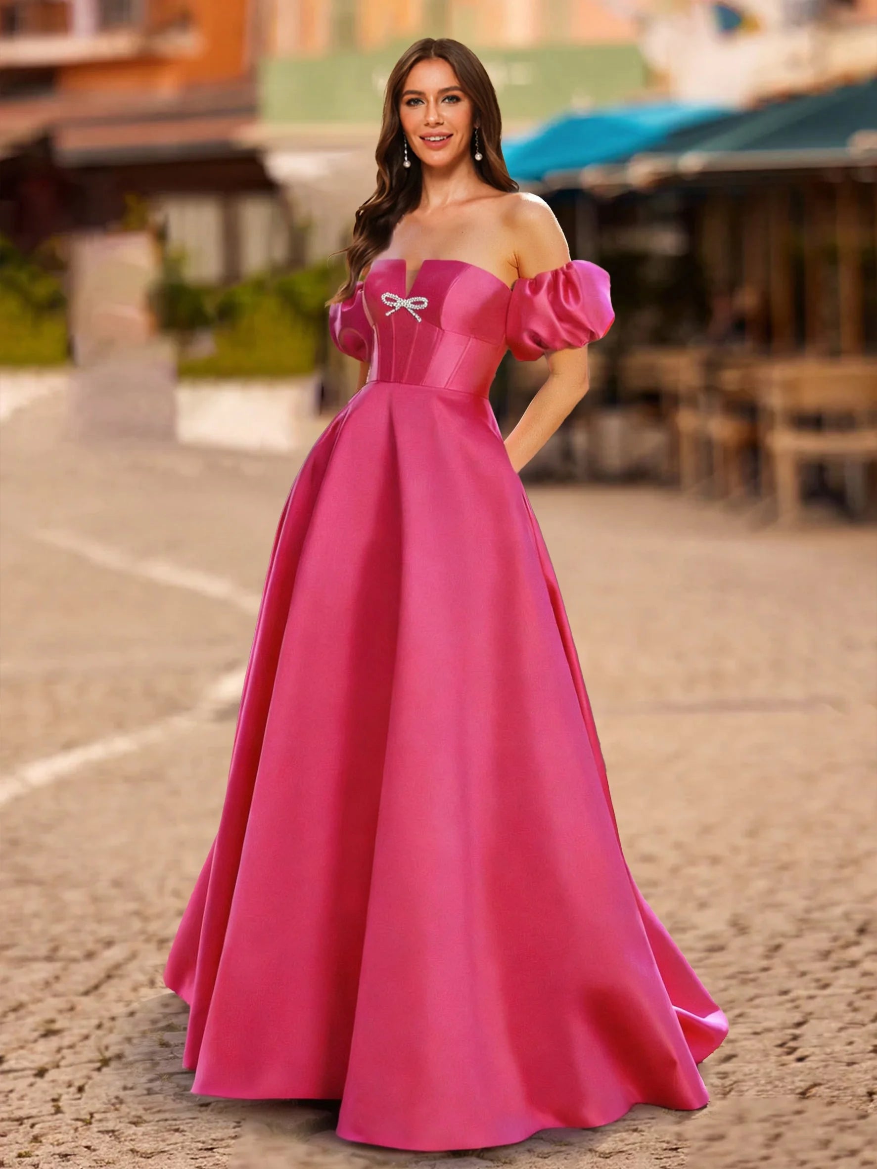 Elegant A-Line Sweetheart Off-Shoulder Puffy Sleeves Bow Detail Fuchsia Floor-Length Prom Gown