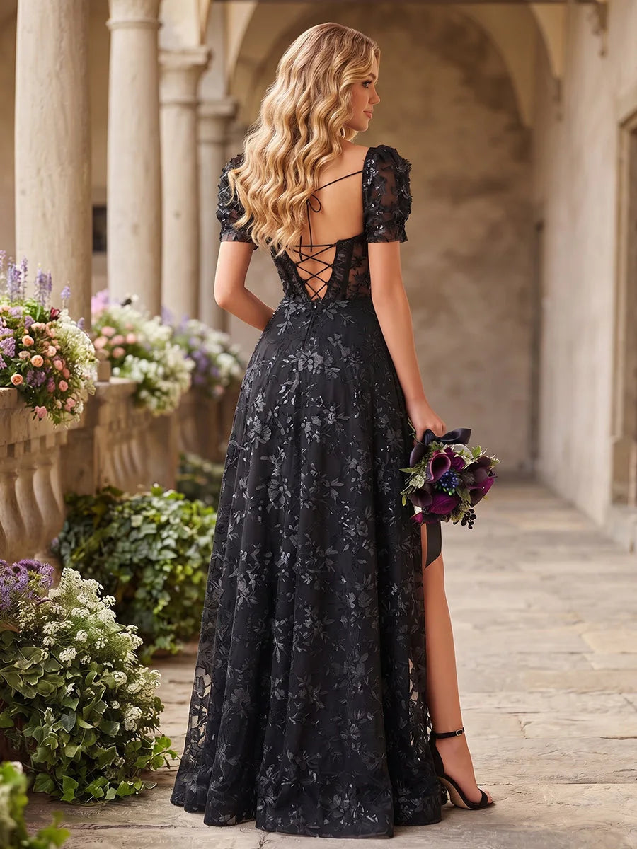 Elegant A-Line Sweetheart Puffy Sleeve Sequin Slit Black Floor-Length Prom Gown