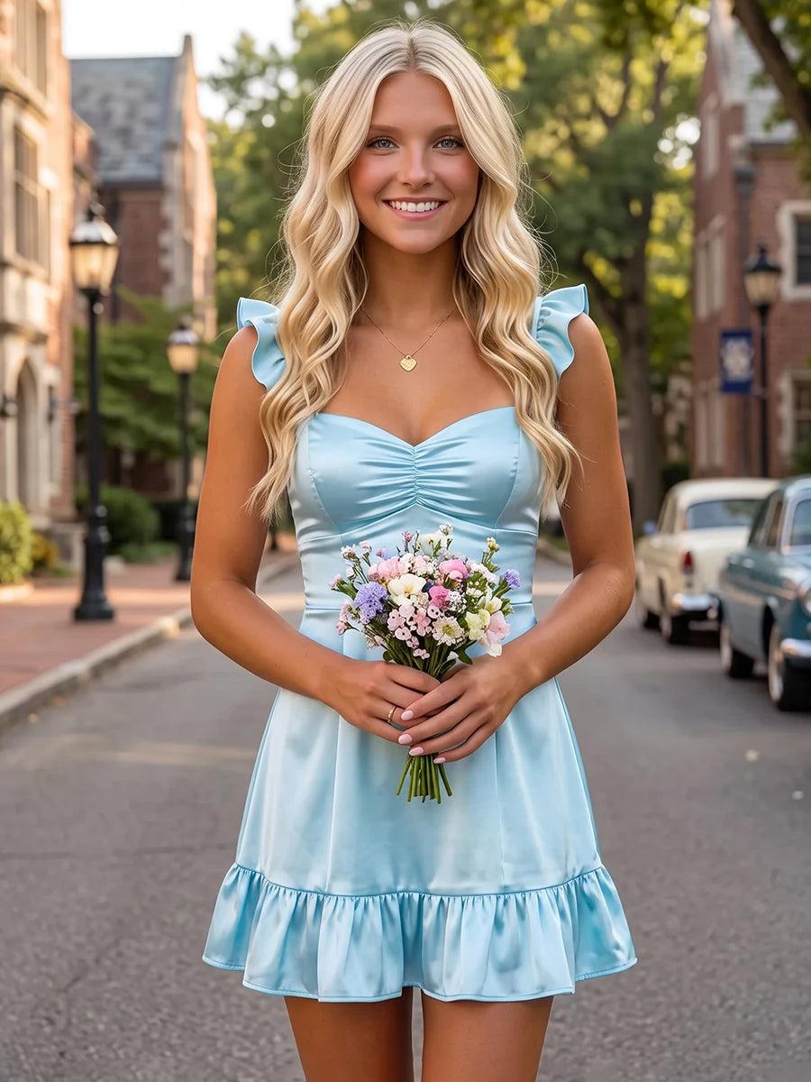 Elegant A-Line Sweetheart Ruffled Light Blue Short Homecoming Dresses Women's