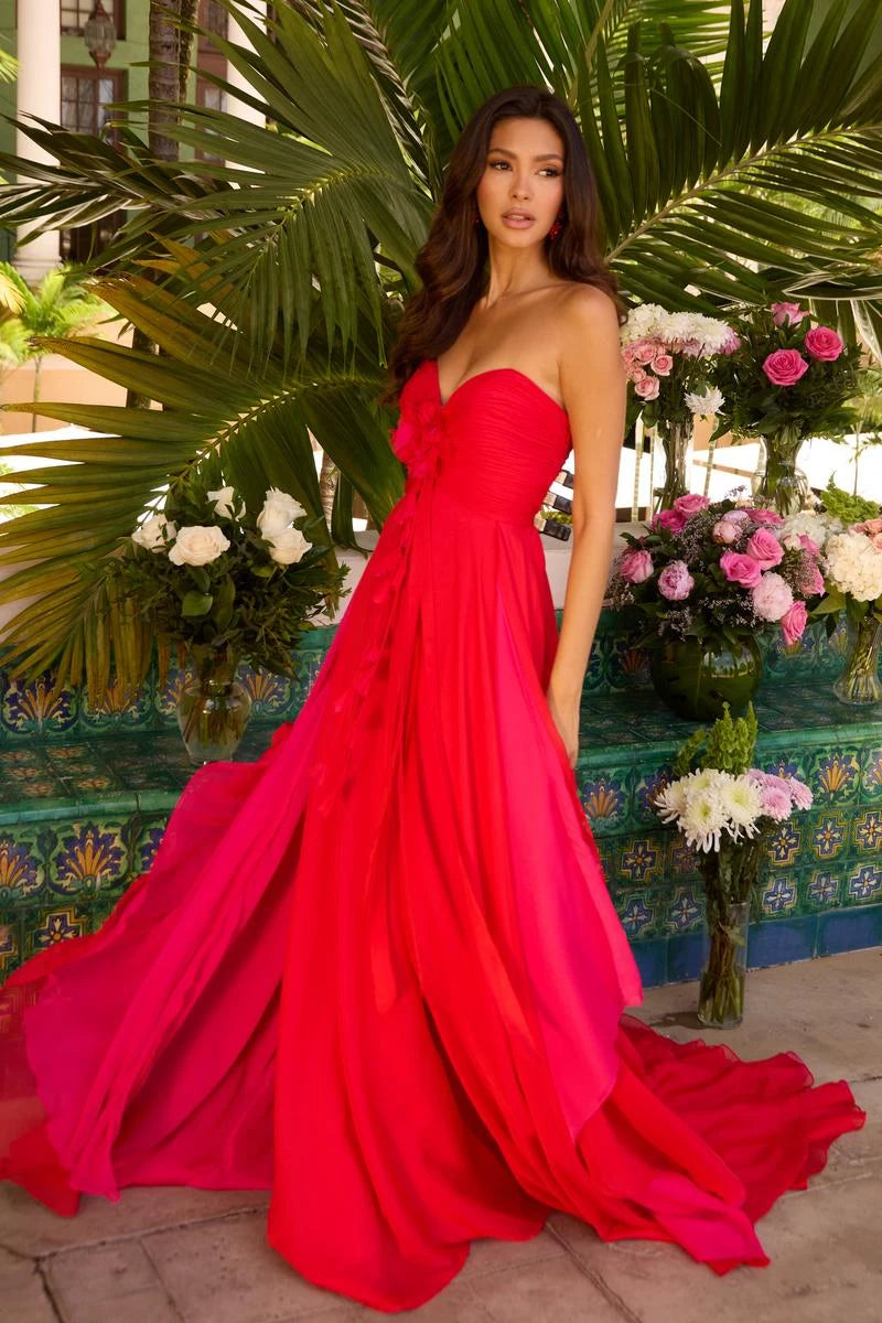 Elegant A-Line Sweetheart Ruffled Ombre Red Floor-Length Prom Dresses Gown