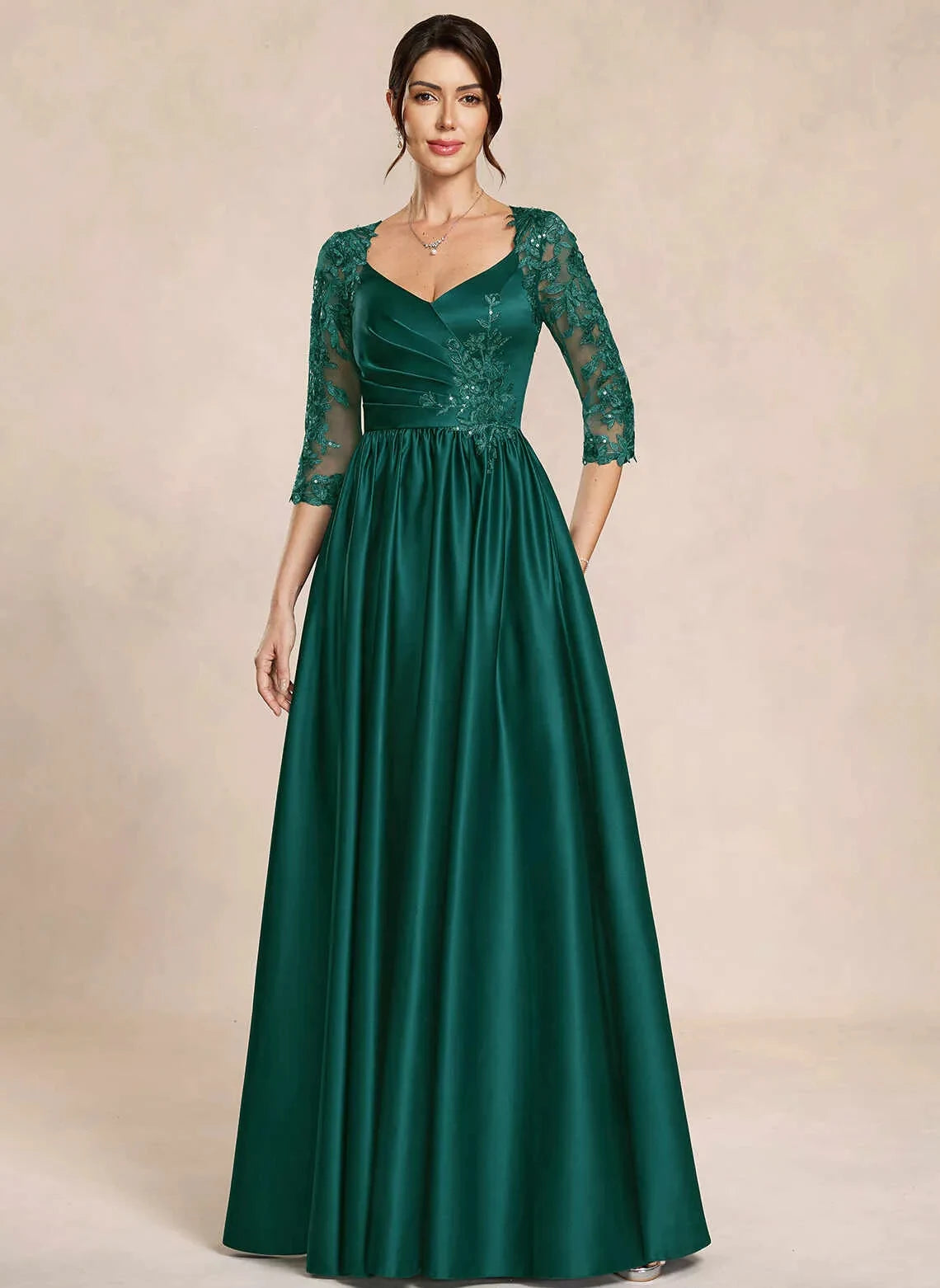 Elegant A-Line Sweetheart Sleeved Embroidered Emerald Mother Of The Bride Dress