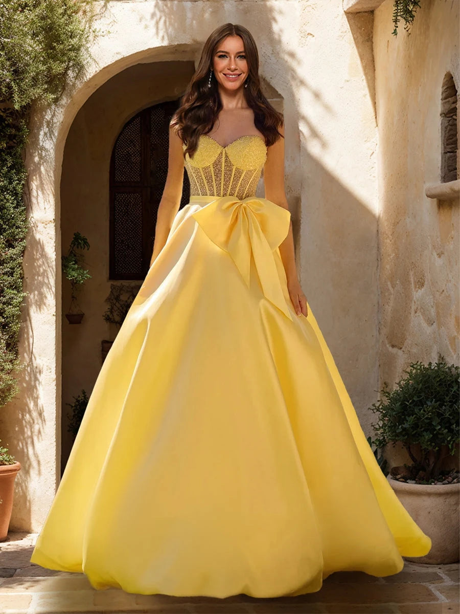 Elegant A-Line Sweetheart Sleeveless Beaded Bow Yellow Floor-Length Prom Gown