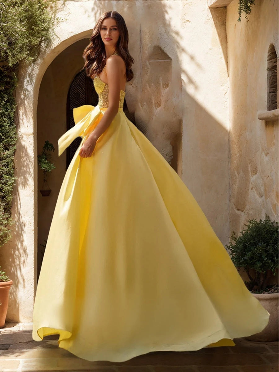 Elegant A-Line Sweetheart Sleeveless Beaded Bow Yellow Floor-Length Prom Gown