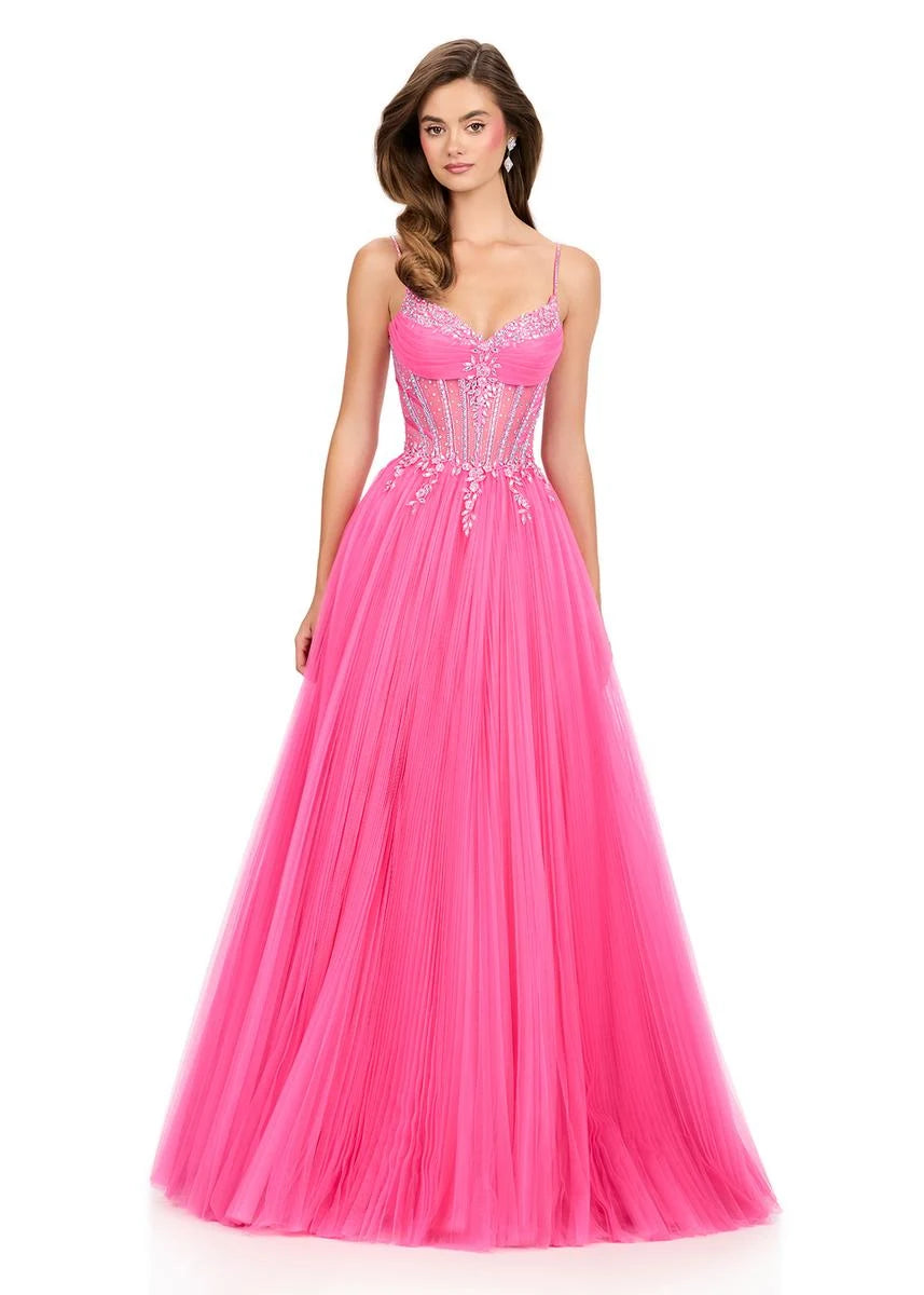 Elegant A-Line Sweetheart Sleeveless Beaded Corset Hot Pink Floor-Length Prom Gown