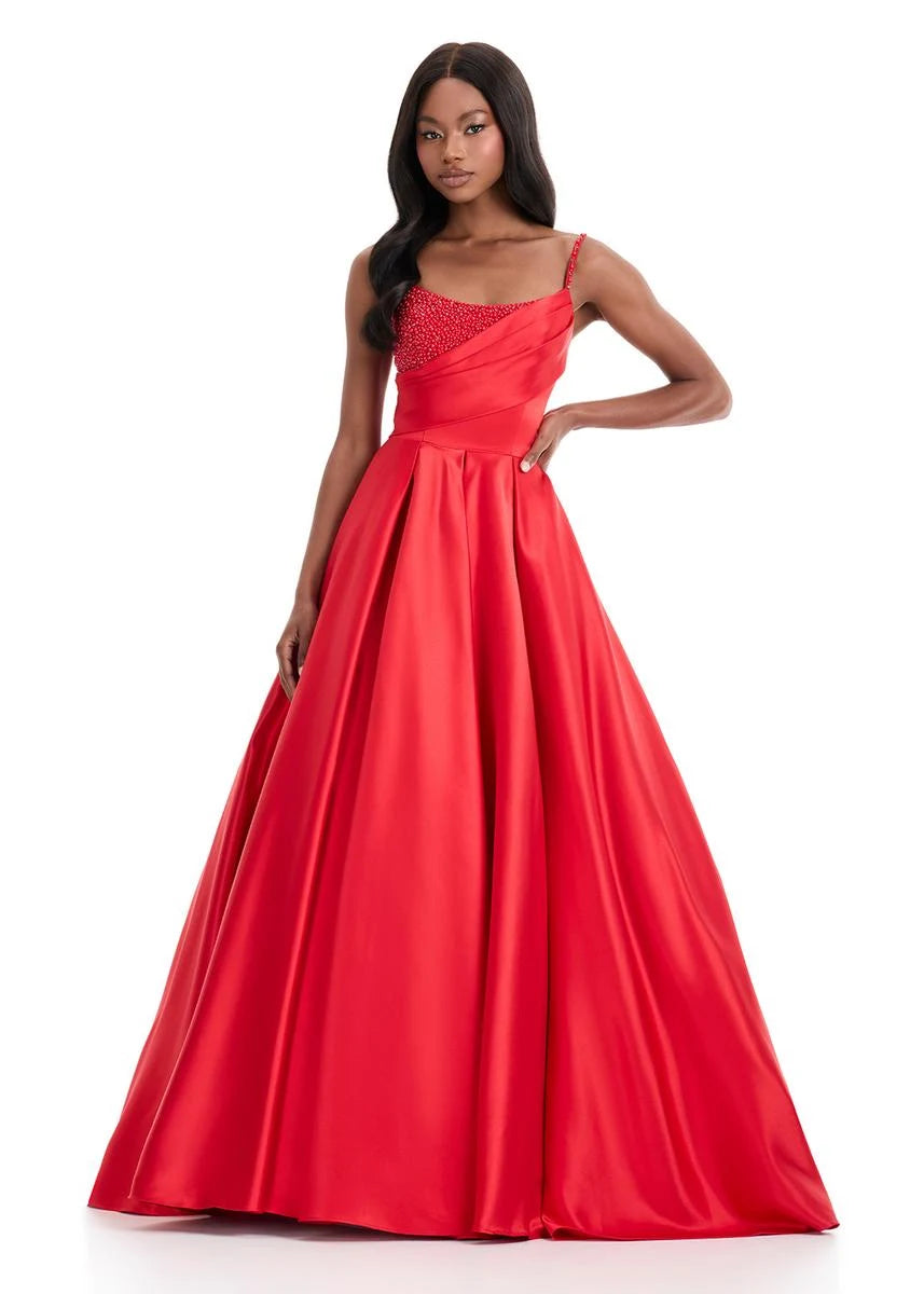 Elegant A-Line Sweetheart Sleeveless Beaded Draped Red Floor-Length Prom Dresses Women's Gown