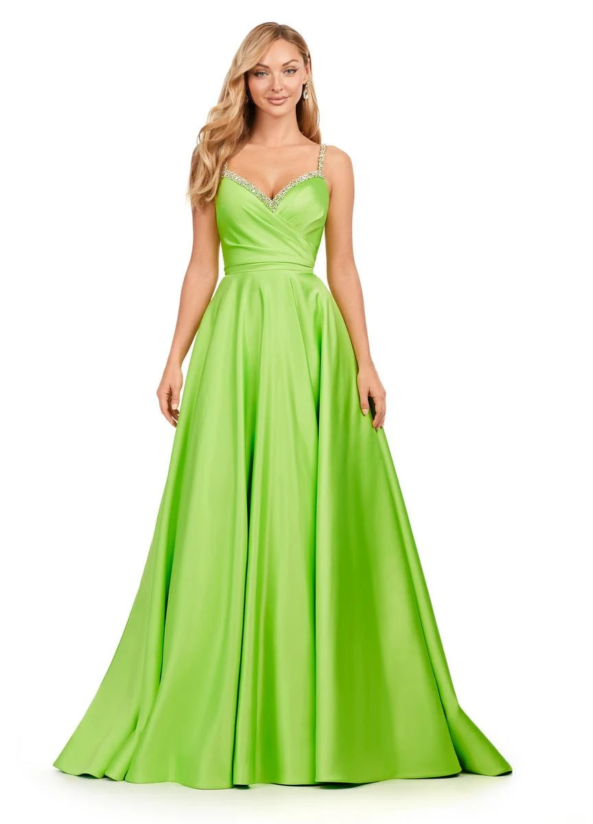 Elegant A-Line Sweetheart Sleeveless Beaded Flowy Lime Green Floor-Length Prom Gown