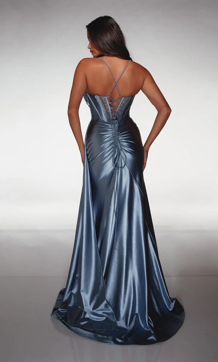 Elegant A-Line Sweetheart Sleeveless Beaded High Slit Dusty Blue Prom Gown