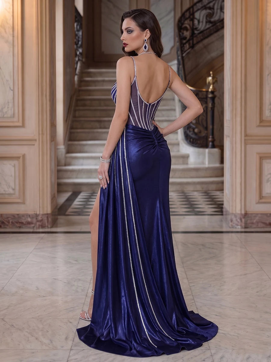 Elegant A-Line Sweetheart Sleeveless Beaded High Slit Navy Floor-Length Prom Dress
