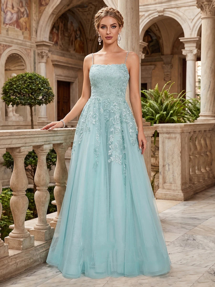 Elegant A-Line Sweetheart Sleeveless Beaded Lace Aqua Blue Floor-Length Prom Dress