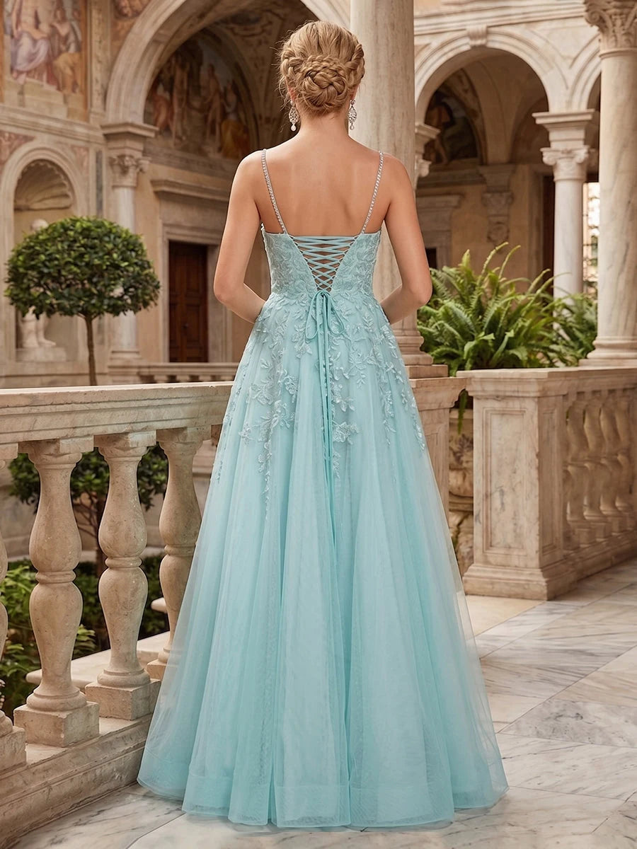 Elegant A-Line Sweetheart Sleeveless Beaded Lace Aqua Blue Floor-Length Prom Dress