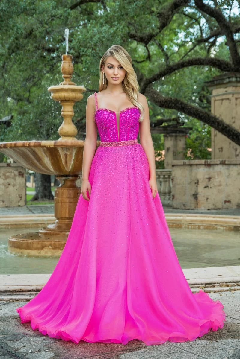 Elegant A-Line Sweetheart Sleeveless Beaded Slit Fuchsia Floor-Length Prom Gown