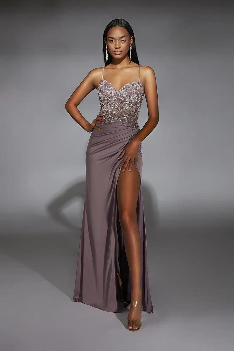 Elegant A-Line Sweetheart Sleeveless Beaded Slit Mauve Floor-Length Prom Gown