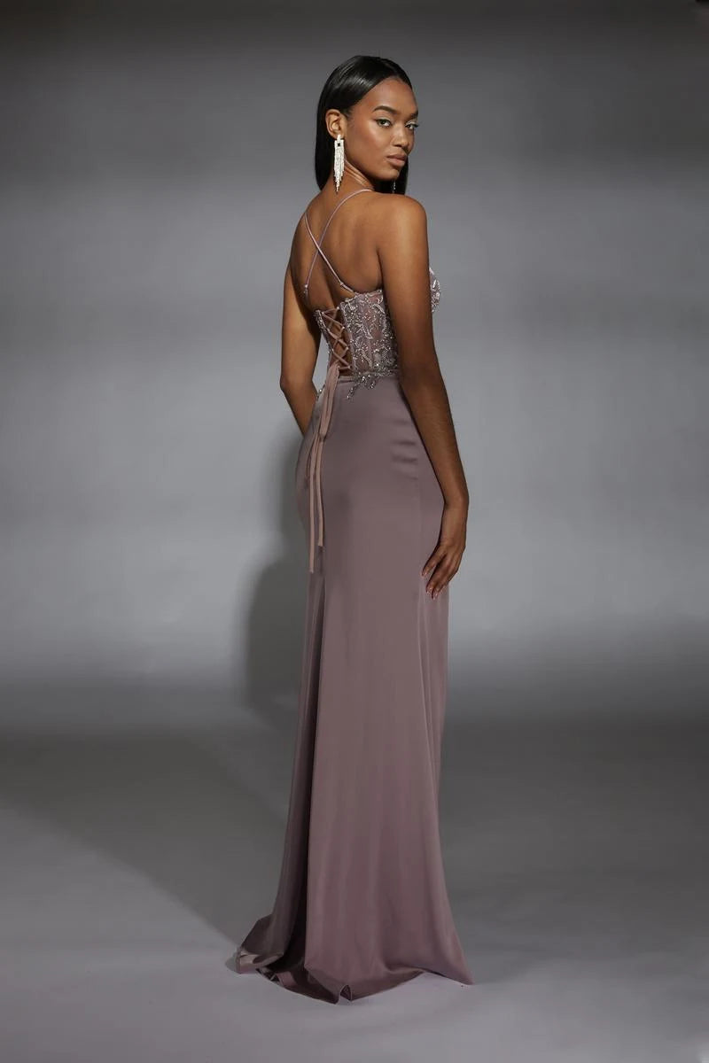 Elegant A-Line Sweetheart Sleeveless Beaded Slit Mauve Floor-Length Prom Gown