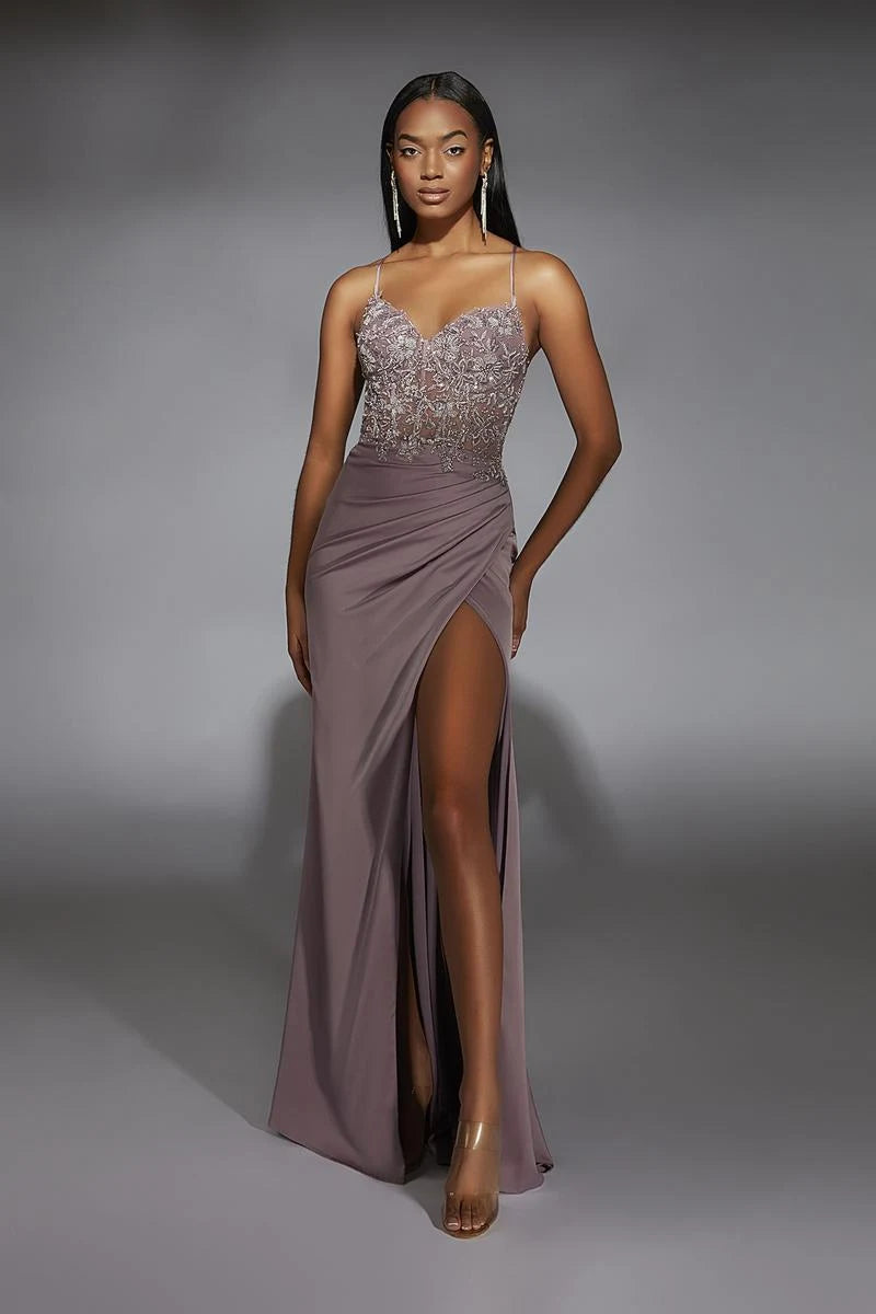 Elegant A-Line Sweetheart Sleeveless Beaded Slit Mauve Floor-Length Prom Gown