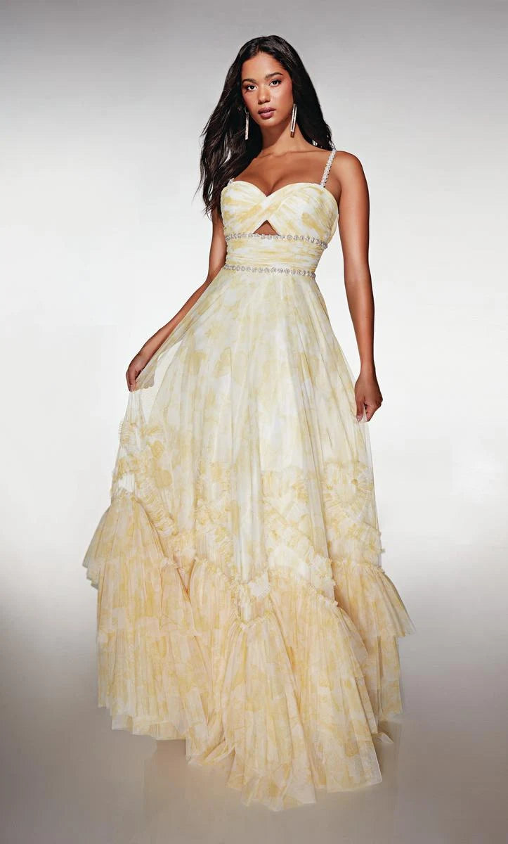 Elegant A-Line Sweetheart Sleeveless Beaded Tiered Pale Yellow Floor-Length Prom Gown