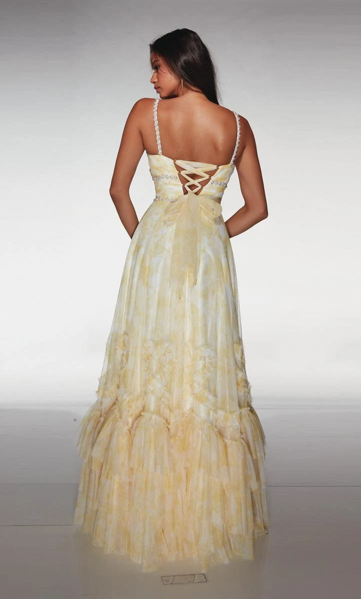 Elegant A-Line Sweetheart Sleeveless Beaded Tiered Pale Yellow Floor-Length Prom Gown