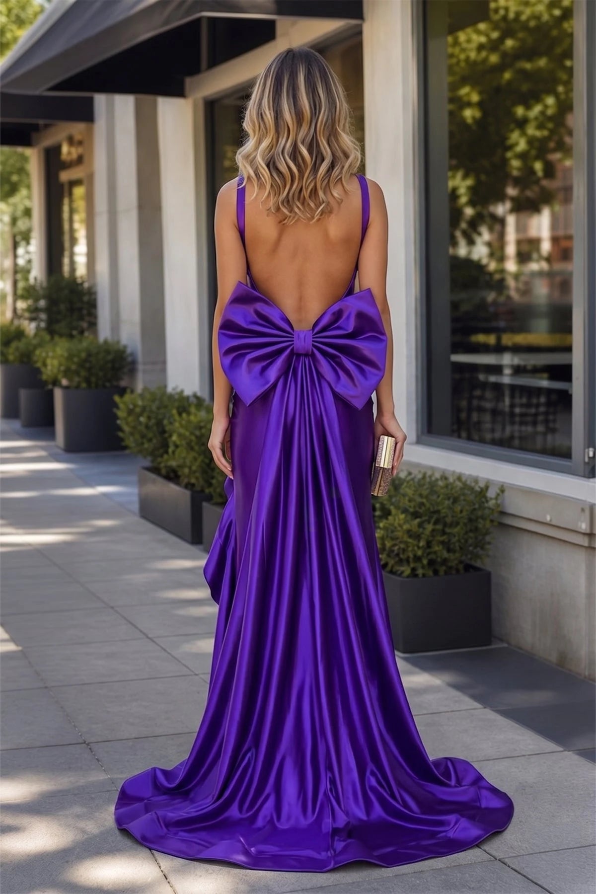 Elegant A-Line Sweetheart Sleeveless Bow-Back Slit Purple Long Prom Dresses Women