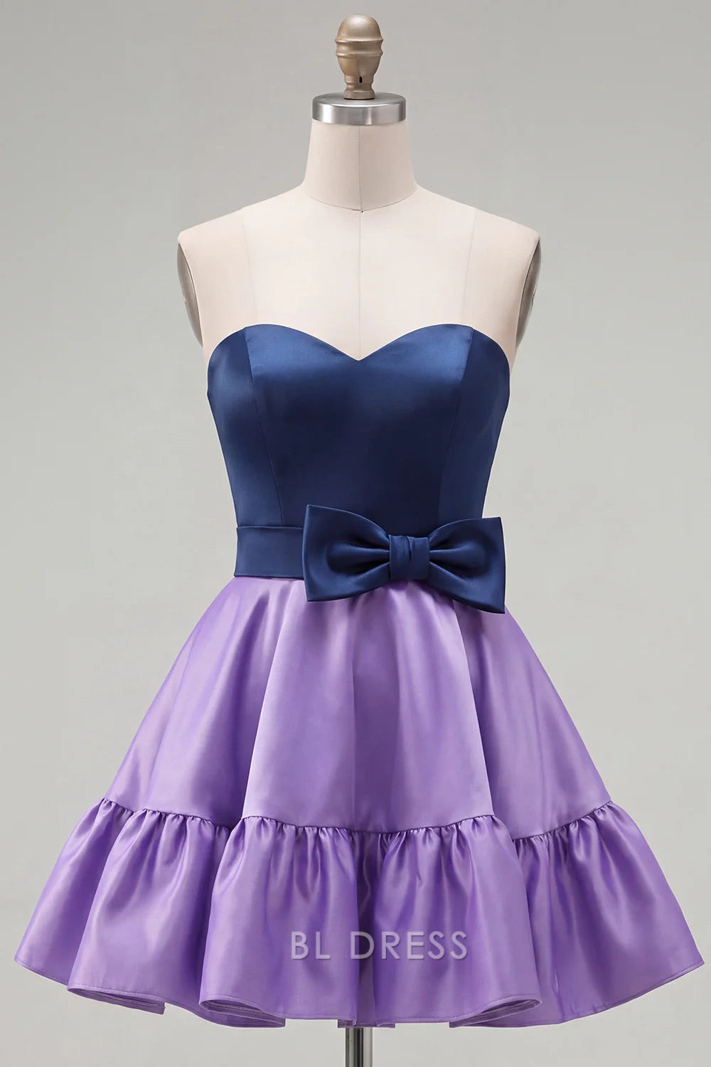 Elegant A-Line Sweetheart Sleeveless Bowknot Tiered Navy Purple Mini Homecoming Dresses
