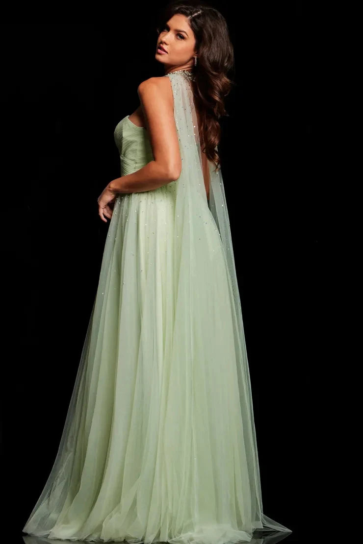 Elegant A-Line Sweetheart Sleeveless Cape Slit Green Long Prom Dresses Gown