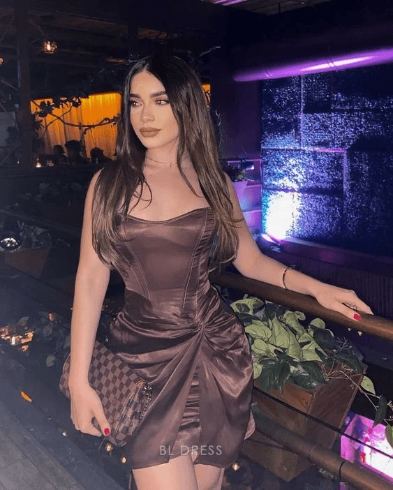 Elegant A-Line Sweetheart Sleeveless Chic Ruched Dark Brown Mini Homecoming Dress Women Party