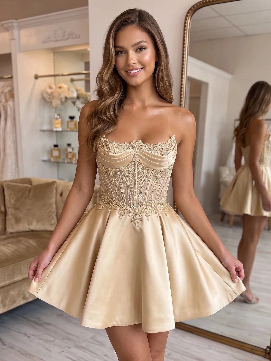 Elegant A-Line Sweetheart Sleeveless Corset Embroidered Champagne Short Homecoming Dress