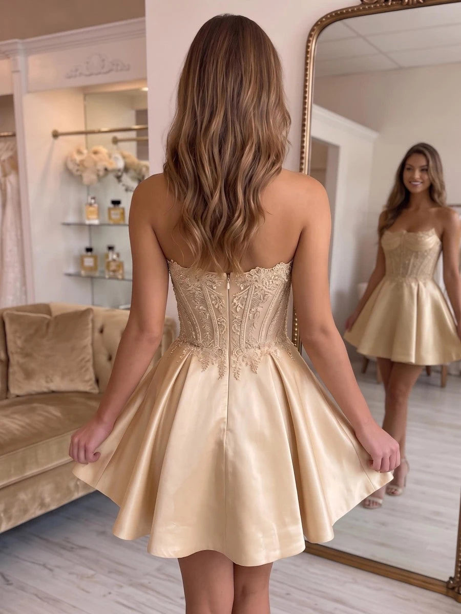 Elegant A-Line Sweetheart Sleeveless Corset Embroidered Champagne Short Homecoming Dress