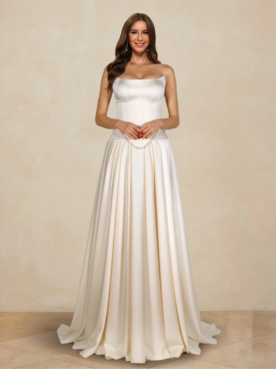 Elegant A-Line Sweetheart Sleeveless Corset Ivory Floor-Length Prom Gown