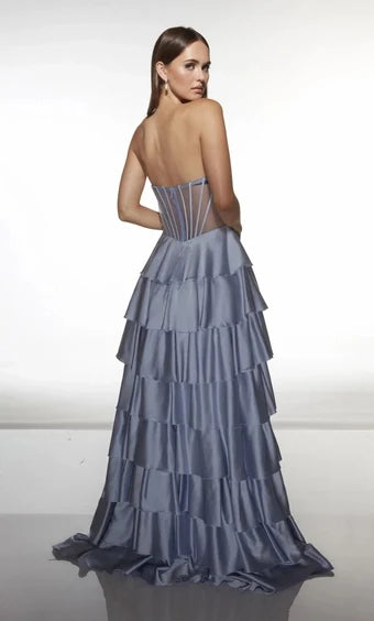 Elegant A-Line Sweetheart Sleeveless Corset Tiered Dusty Blue Maxi Prom Dresses For Women
