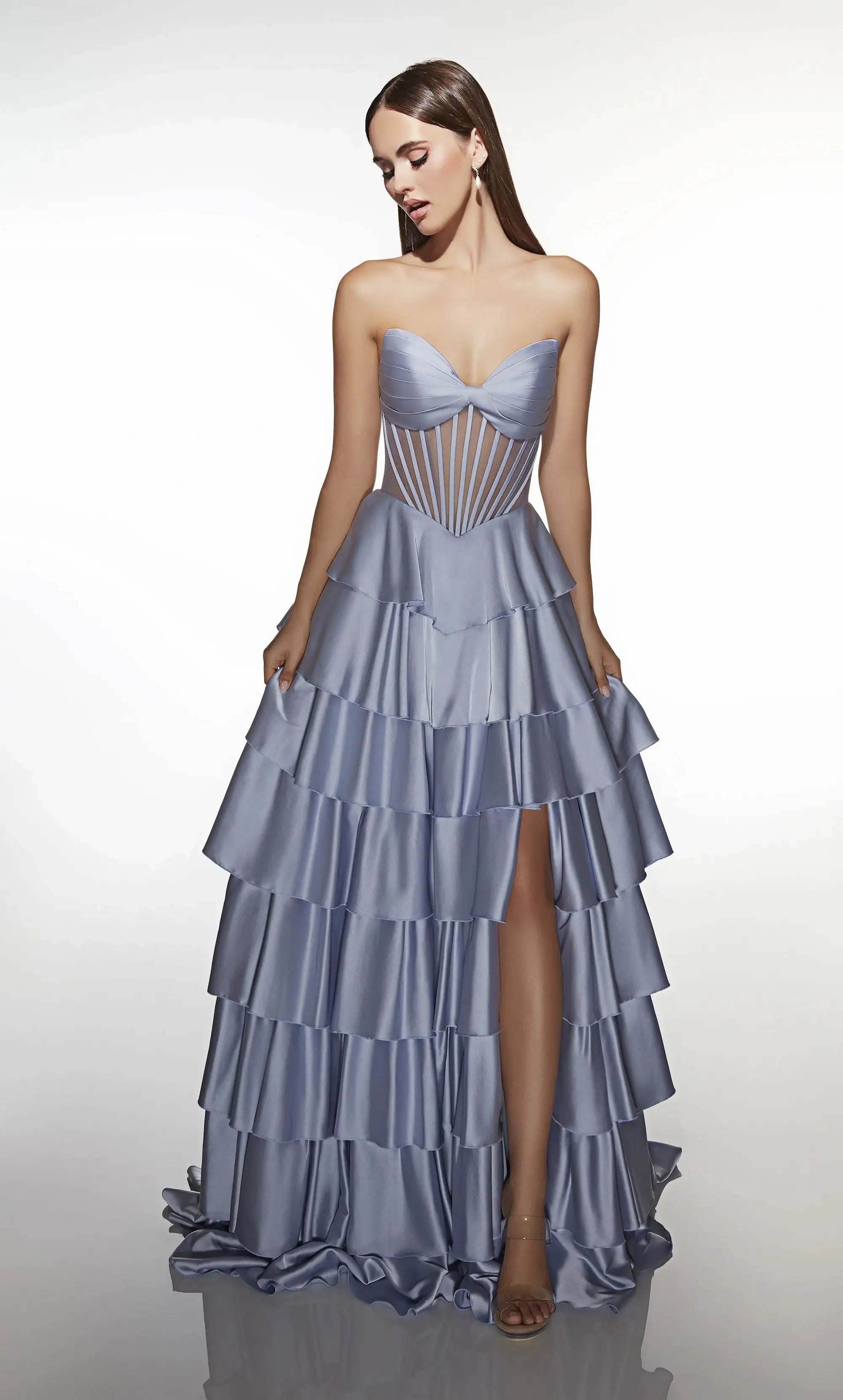 Elegant A-Line Sweetheart Sleeveless Corset Tiered Dusty Blue Maxi Prom Dresses For Women