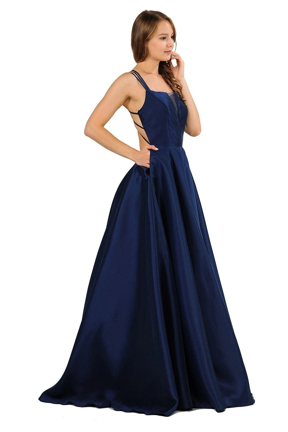 Elegant A-Line Sweetheart Sleeveless Criss-Cross Back Navy Blue Floor-Length Prom Dress