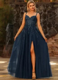 Elegant A-Line Sweetheart Sleeveless Embellished Slit Navy Blue Floor-Length Prom Gown