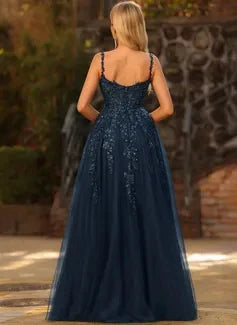 Elegant A-Line Sweetheart Sleeveless Embellished Slit Navy Blue Floor-Length Prom Gown
