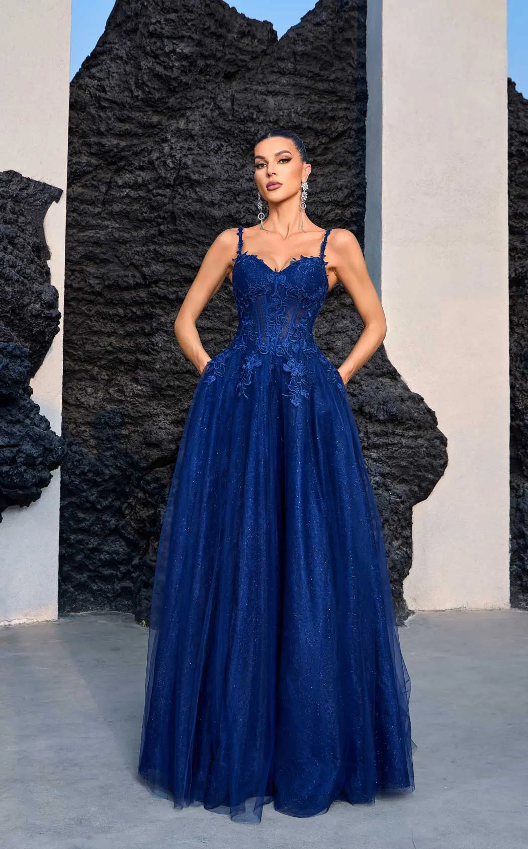 Elegant A-Line Sweetheart Sleeveless Embroidered Glitter Navy Blue Floor-Length Prom Gown