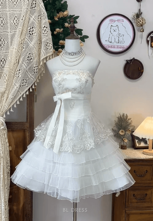 Elegant A-Line Sweetheart Sleeveless Embroidered Tiered White Short Homecoming Dress Women's Gown