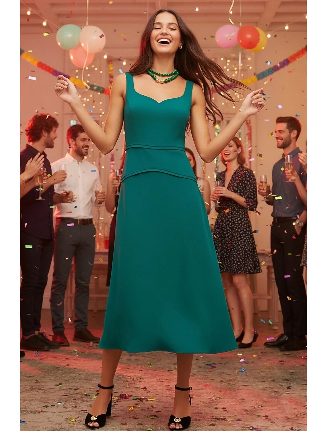 Elegant A-Line Sweetheart Sleeveless Flattering Sophisticated Emerald Green Midi Prom Dresses Women's Gown