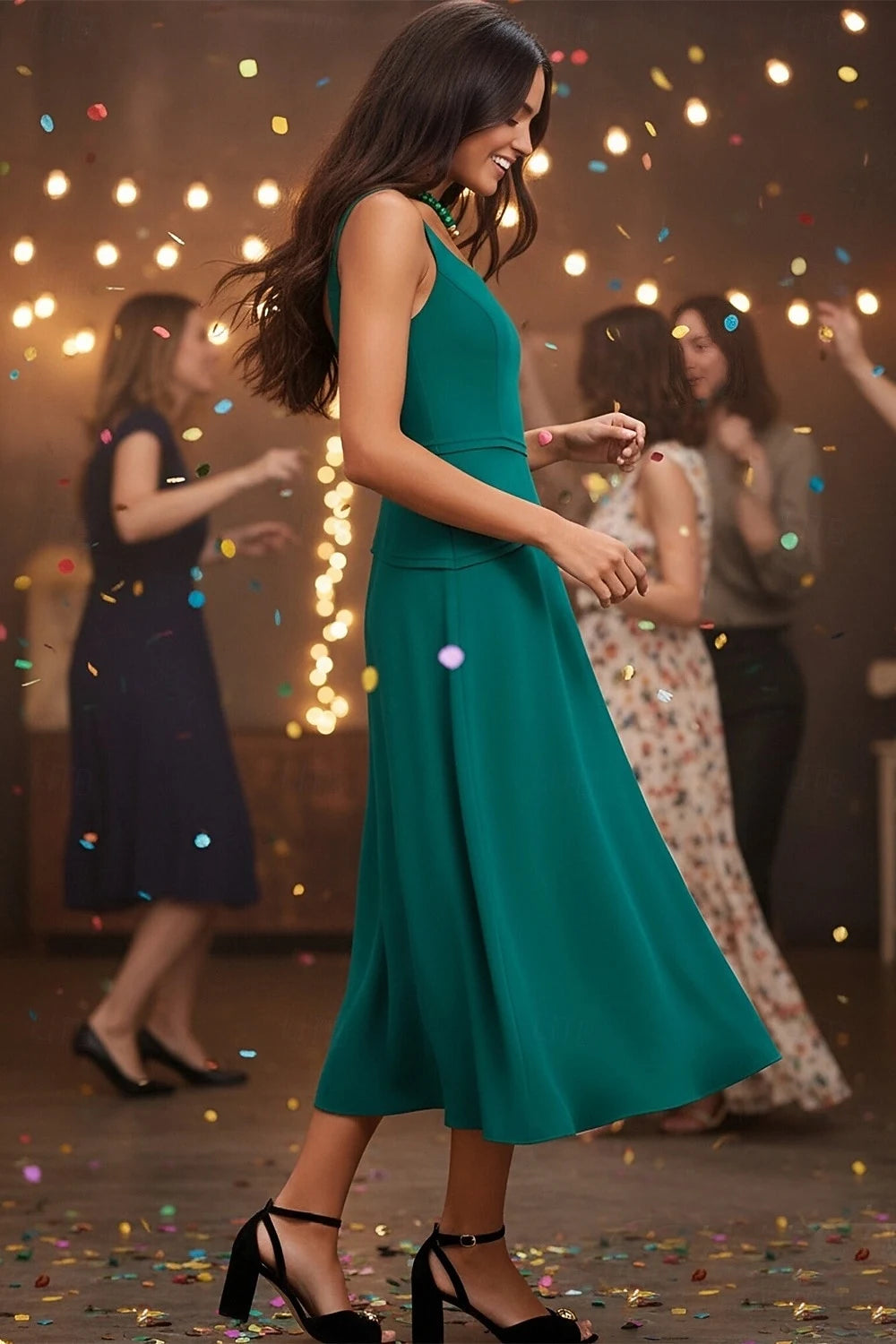 Elegant A-Line Sweetheart Sleeveless Flattering Sophisticated Emerald Green Midi Prom Dresses Women's Gown