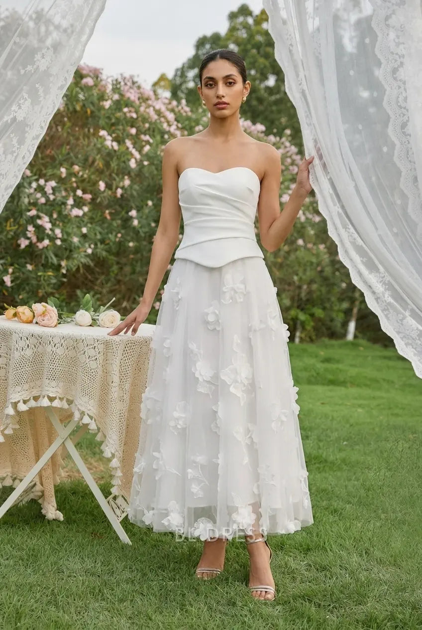 Elegant A-Line Sweetheart Sleeveless Floral Applique White Midi Prom Dress Women's Gown