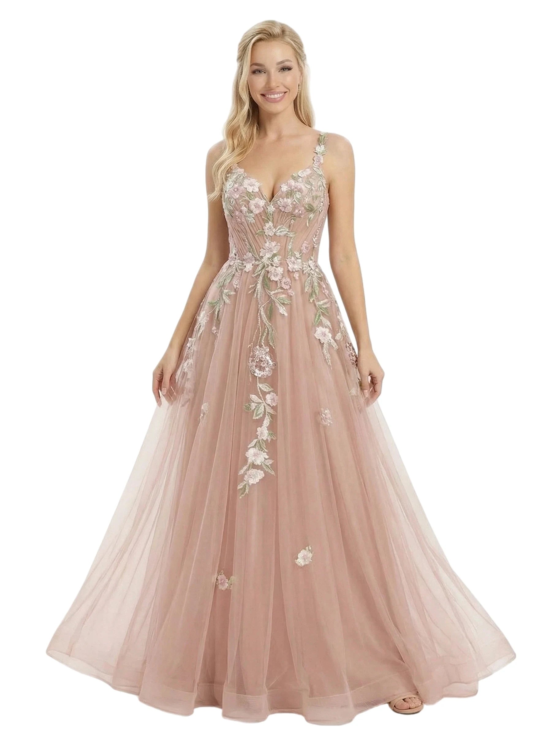 Elegant A-Line Sweetheart Sleeveless Floral Embroidered Dusty Rose Floor-Length Prom Gown