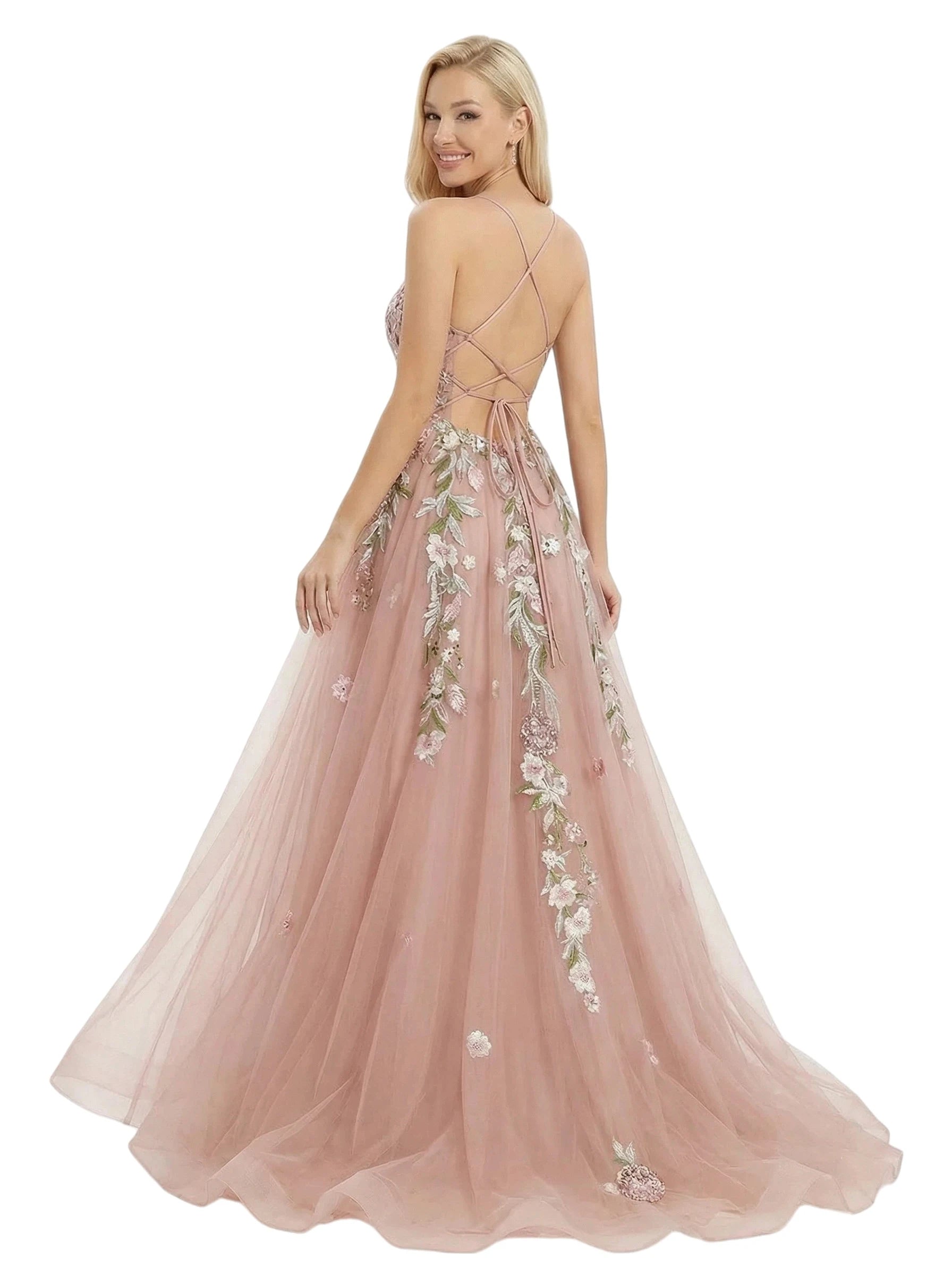 Elegant A-Line Sweetheart Sleeveless Floral Embroidered Dusty Rose Floor-Length Prom Gown
