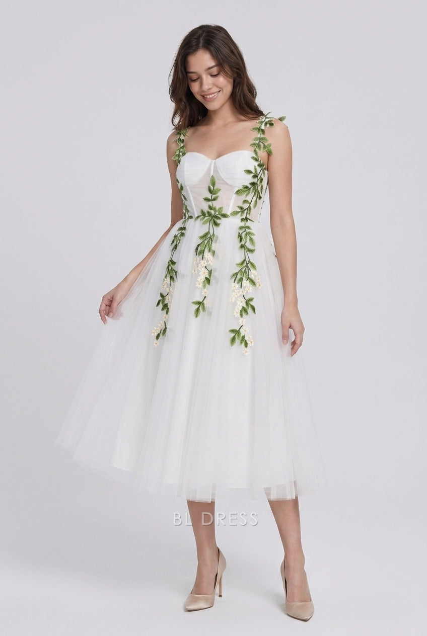 Elegant A-Line Sweetheart Sleeveless Floral Embroidered White Midi Homecoming Dress
